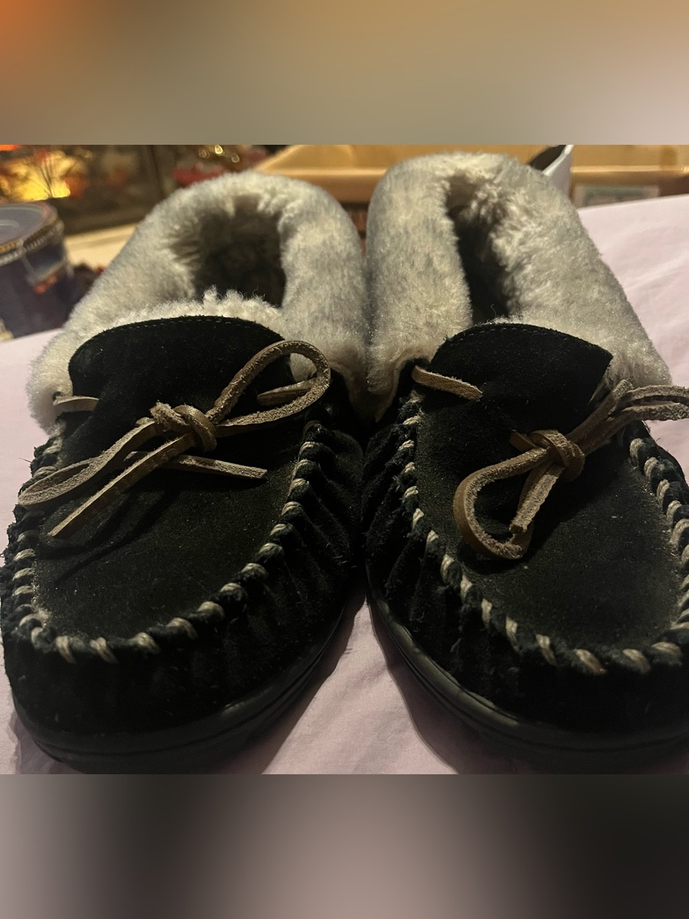 L.L. Bean Women’s Black Suede Moccasin Slippers with Shearling Lining